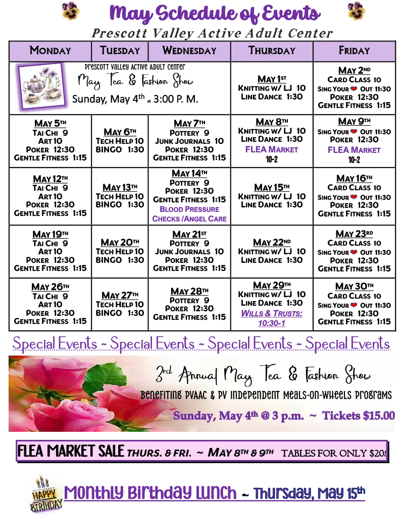 May 2025 Schedule Casa Prescott Valley