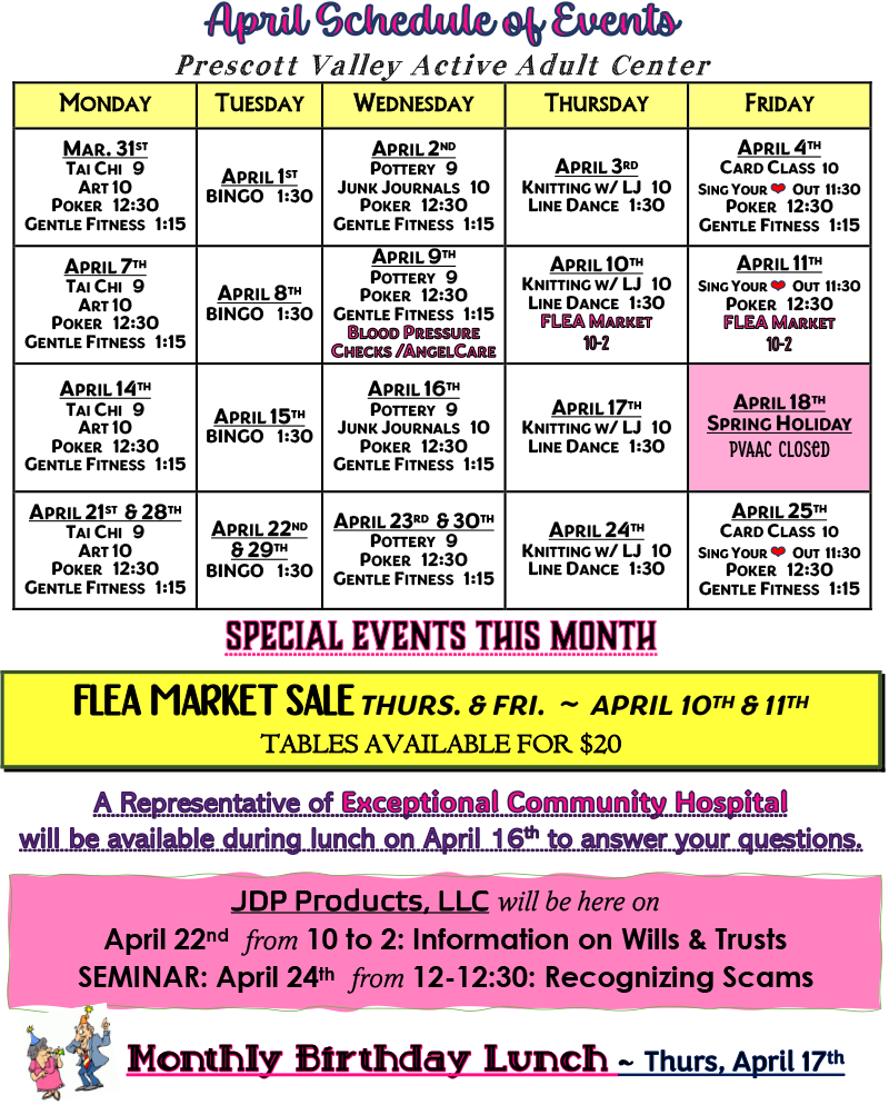 April Schedule at Casa Prescott Valley