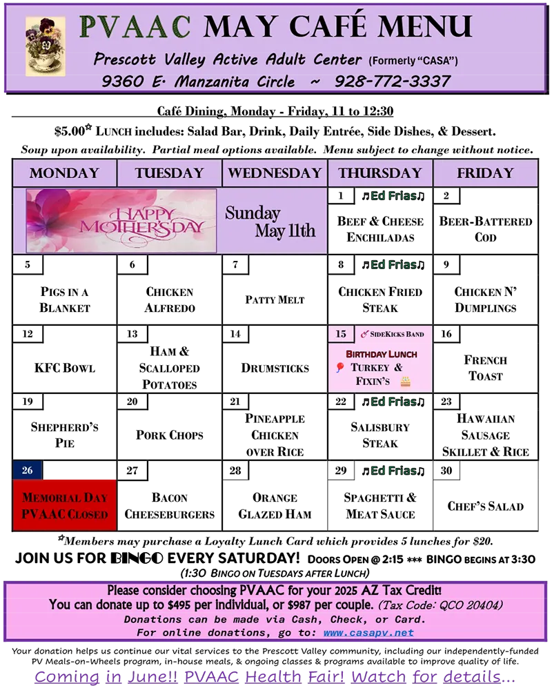 May 2025 Menu Casa Prescott Valley
